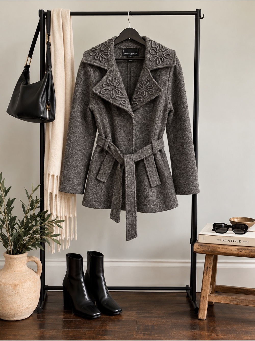 Cynthia Rowley Gray Embroidered Belted 100% Wool Jacket | Size M